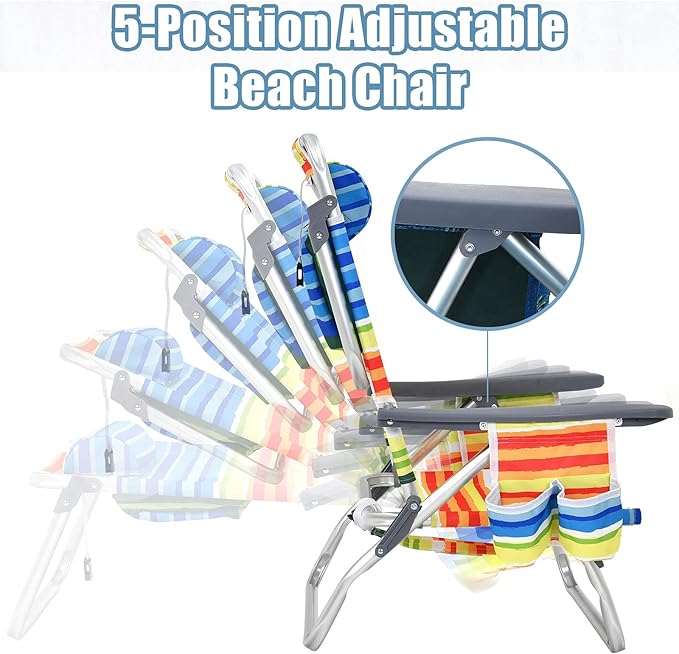 Giantex Folding Beach Chair Patio Sling Chairs with 5 Adjustable Position Head Pillow Storage Bag Towel Bar Cup Holders Backpack Chairs for Sunbathing Camping Chair