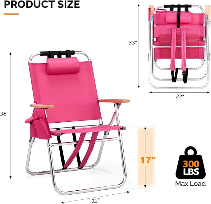Bonnlo Lightweught 17 Backpack Beach Chair Tall Beach Chairs for Adults Portable with Adjustable Straps 3-Position Reclining Cup Holder High Beach Chairs for Beach