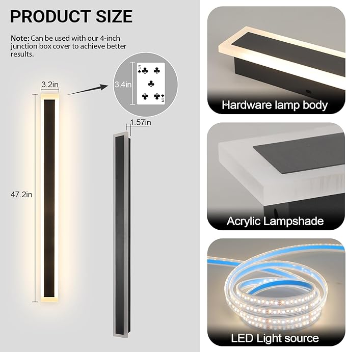 2 Pack 47 Inch Long Outdoor Wall Lights 3000K Black Exterior Light Fixtures Wall Mount Modern Porch Lights Wall Sconce Long LED Modern Outdoor Exterior for House Front Door