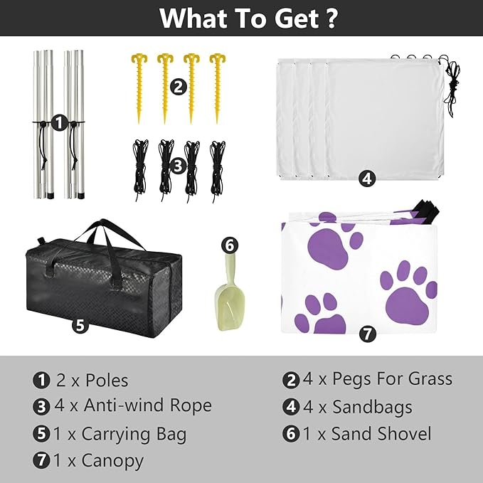 Paw Prints Purple Beach Tent Sun Shelter 9.2' x 10.5' Beach Canopy with 4 Sandbags 4 Stability Poles Sand Shovels - Tent Canopy for Beach Camping Fishing Picnics