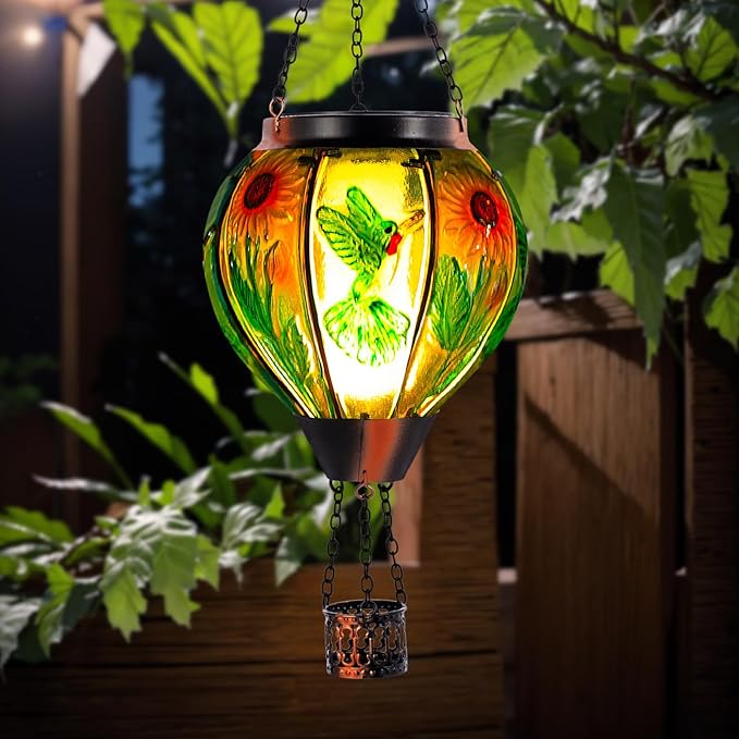 Hummingbird and Sunflower Solar Hot Air Balloon Lantern with Flame Glass Hot Air Balloon Solar Lantern Outdoor Waterproof Hanging Solar Lantern for Outside Garden Patio Tree Porch Yard