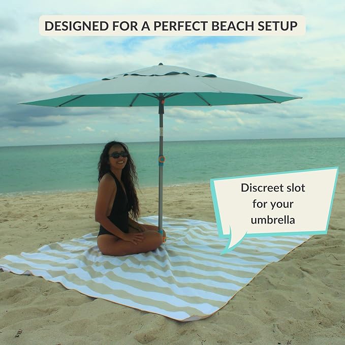 Plush Microfiber Beach Blanket Extra Large Beach Mat for 3-6 Persons Sandproof Windproof | Hole for Umbrella Corner Sand Pockets to Fight Wind (Bag for Blanket Included)