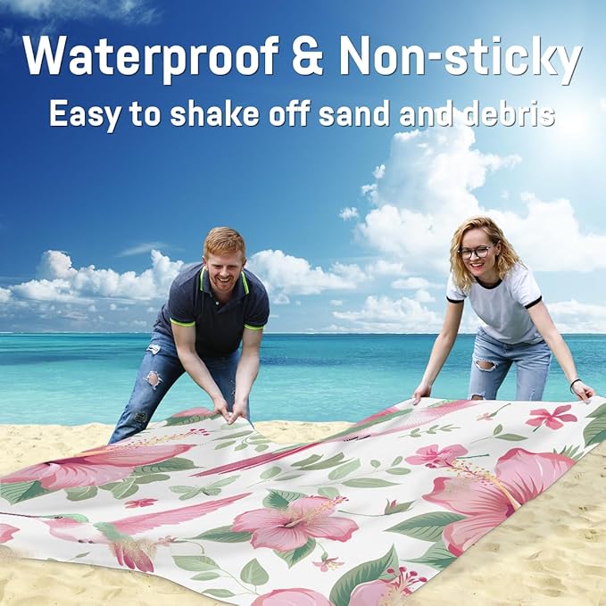 Waterproof Sandproof Beach Blanket 59''×68'' Pink-Hummingbird Polyester Outdoor Picnic Blanket with 4 Stakes &amp Storage Bag for BeachCampingVacation Pink