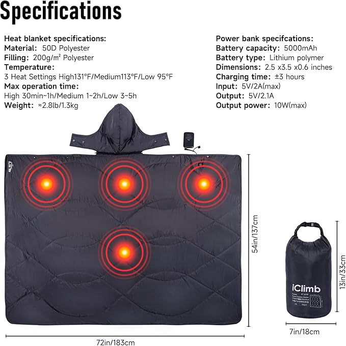 iClimb Heated Camping Blanket with Hood and 5V 5000mAH Battery Pack (Dark Grey)