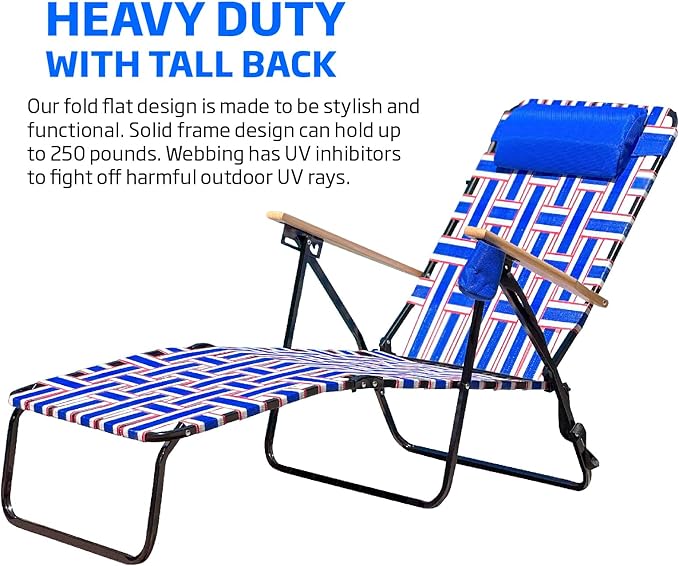 Webbing Patio Lounger Steel Chaise Lawn Chair Foldable Outdoor Great for Patio Camping Backyard Pool Wood Handles 1 Pack Red White Blue