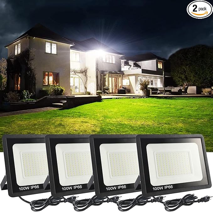 4Pack LED Flood Light Outdoor100W LED Work Light 11000lmwith 6FT US PlugIP66 Waterproof Exterior Security Lights6000K Daylight White Outside Floodlights Slim Design for Playground Yard