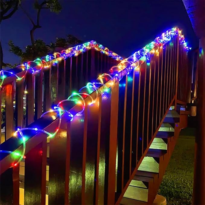 YEGUO Solar Christmas Light Outdoor Waterproof 66ft 200 LED Multicolor Rope Lights 8 Modes Tube String Lights in Clear Thin Tube