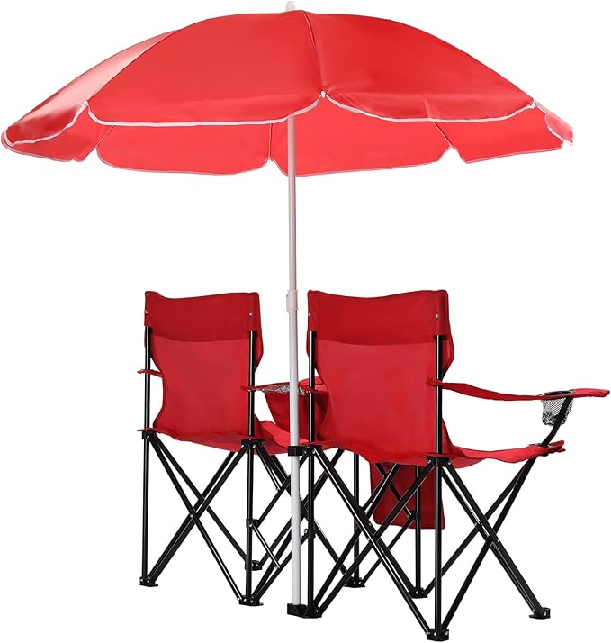 Double Camping Chair for AdultsPortable Outdoor 2-Seat Folding Beach Chair with Removable Sun Umbrella (Cup Holder+Cooler Bag+Mini Table) Support 360 LBS for Camping/Car Trunk/Lawn/Beach/Campfire Red