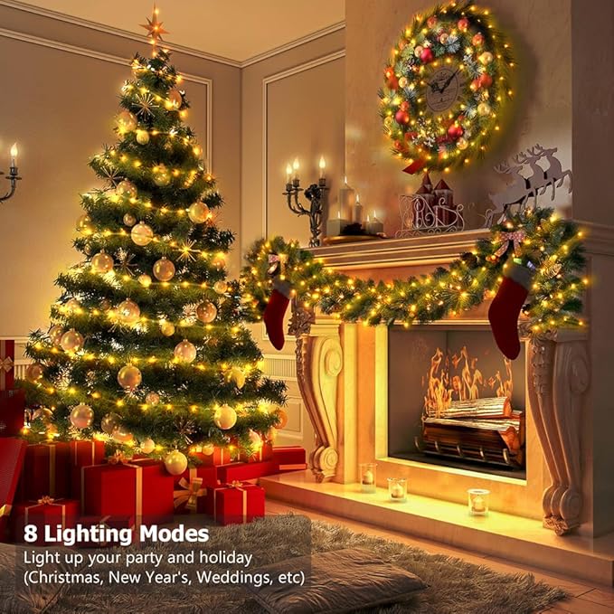 33ft Battery Operated String Lights (2 Pack) 100 LED Fairy String Lights Battery Powered w/Remote &amp Timer for Indoor Outdoor Christmas Trees Wreath Decoration Bedroom Patio - Warm White