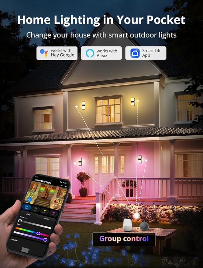 Smart Outdoor Wall Lights 1500LM RGB+IC+Warm/Cool White Porch Light 44 Scene Modes IP65 Waterproof Wall Sconce for Halloween Christmas Decor Works with Alexa Google Assistant 2 Pack