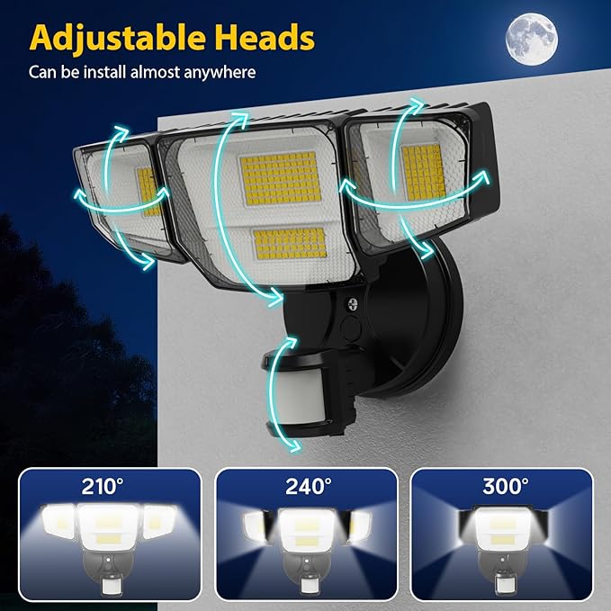 90W 10000LM LED Security Lights Motion Sensor Outdoor Lights 4 Head Dusk to Dawn 6500K Daylight Flood Lights Outdoor Motion Sensor IP65 Waterproof Motion Light for Outside Garage Yard Porch
