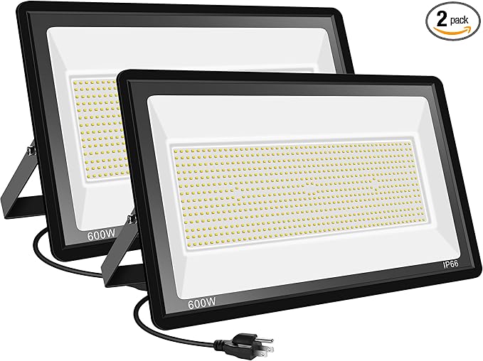2 Pack 600W LED Flood Light Outside Warm White Flood Lights3000K 60000LM Super Bright Outdoor Security Lamp (3000W Equivalent) IP66 Waterproof Floodlight for Yard Field Court Stadium
