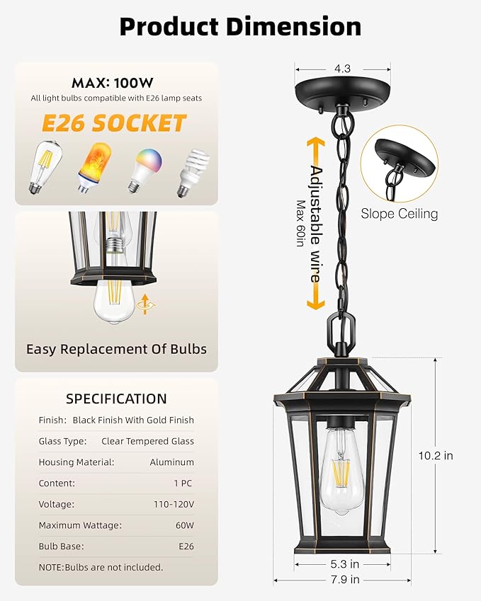 VIANIS Outdoor Pendant Light Fixtures for Porch Exterior Ceiling Hanging Lanterns Anti-Rust Waterproof Farmhouse Outdoor Chandelier Black Gold Aluminum with Tempered Glass for Entryway 1 Pack