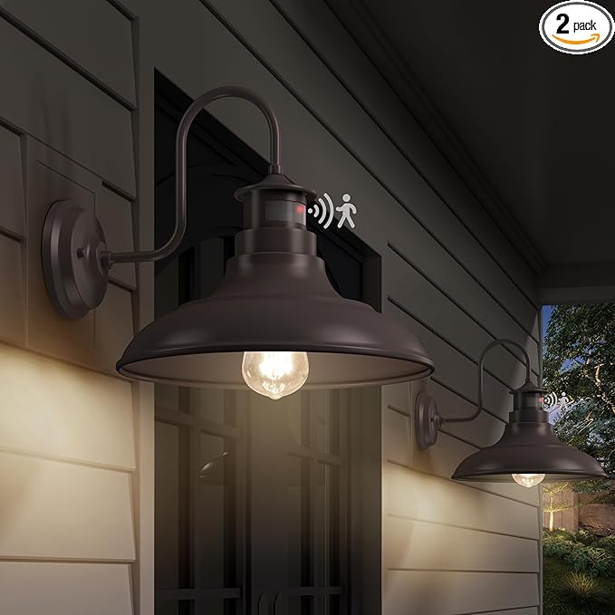 2 Pack Farmhouse Gooseneck Wall Sconce Barn LightsMotion Sensor and Dusk to Dawn Outdoor Wall Mount Lighting Fixtures3 Modes Exterior Porch Light IP65 Waterproof E26 Matte Brown Wall Lamp for Patio