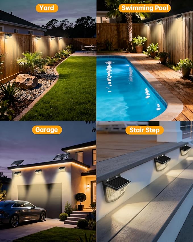 Aootek New Solar Motion Sensor Lights 120 LEDs with Lights Reflector270° Wide Angle IP65 Waterproof Step Lights for Front Door Yard Garage Deck (Black Warm White 4-Pack)