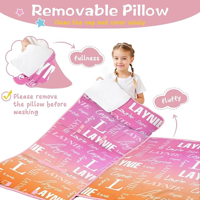 Personalized Name Toddler Nap Mat for Daycare Preschool Kindergarten Customized Kids Sleeping Bag with Pillow and Blanket for Girls Boys Custom Name Monogrammed Nap Mats for Toddlers