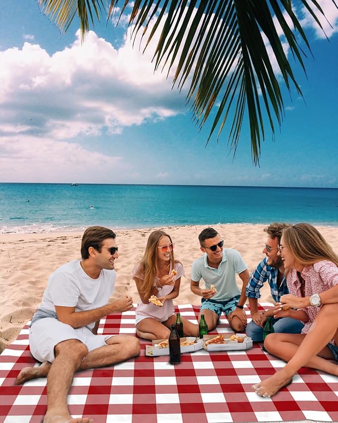 Beach Blanket Waterproof Sandproof Vintage Red White Checker Plaid Quick Drying Beach Mat with 4 Stakes Farmhouse Buffalo Check Lightweight Picnic Blanket for Travel Camping Outdoor 95x80