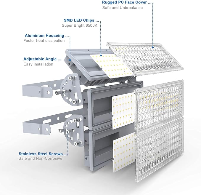 Kekeou 42000LM Stadium Lights Outdoor LED Flood Light 300W 6500K IP67 Waterproof 1500 Watt Equivalent with 3 Adjustable Heads Wider Lighting Angle for Sports Fields and Court