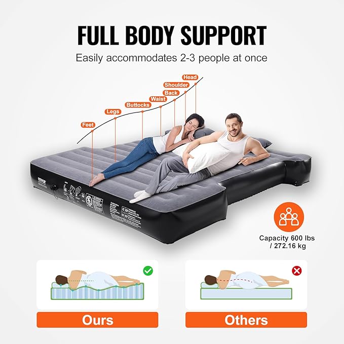 VEVOR Truck Bed Air Mattress for 5.5-5.8 ft Full Size Short Truck Beds Inflatable Air Mattress Bed with 12V Air Pump 2 Pillows Carry Bag for Silverado RAM F Series Sierra Titan Tundra