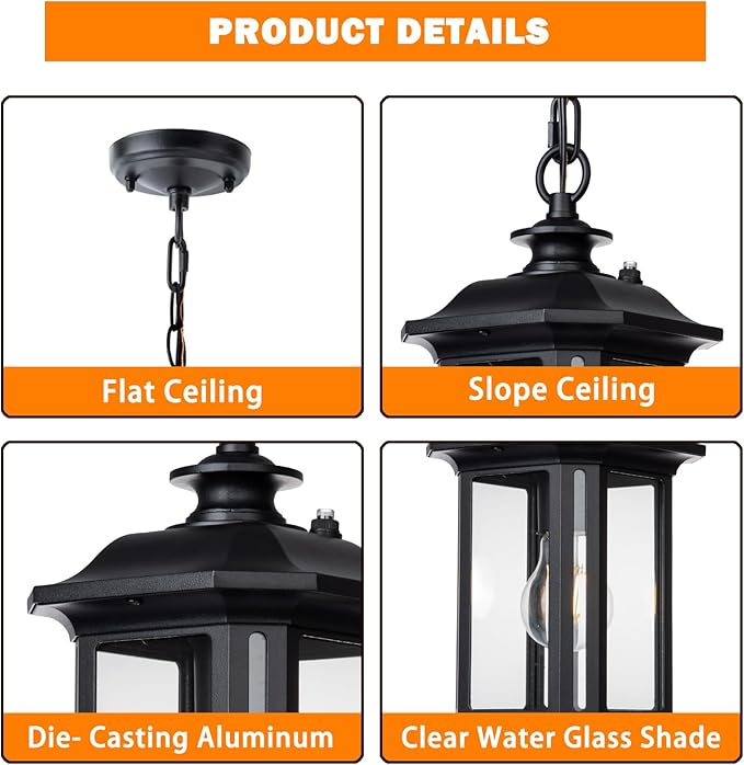 JYZ Dusk to Dawn Outdoor Pendant Lighting Exterior Hanging Lantern Light Fixture Classic Black Outdoor Chandelier Outside Ceiling Mount Hanging Lamp for Porch Hallway Foyer Patio Gazebo Pergola