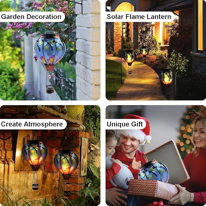 Hot Air Balloon Solar Lantern with Flickering Flame Glass Hanging Garden Lights Outdoor Waterproof for Tree Yard Patio Mother's Day Gift 18 H Dragonfly