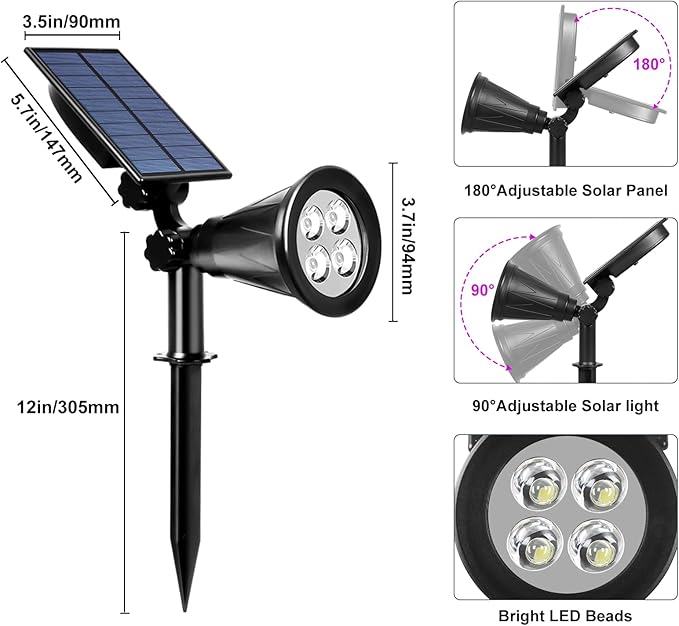 T-SUN [2 Pack] LED Solar Spotlights Waterproof Outdoor Security Landscape Lamps Auto-on/Auto-Off by Day 180 Angle Adjustable for Tree Patio Yard Garden Driveway Stairs Pool Area(Purple)