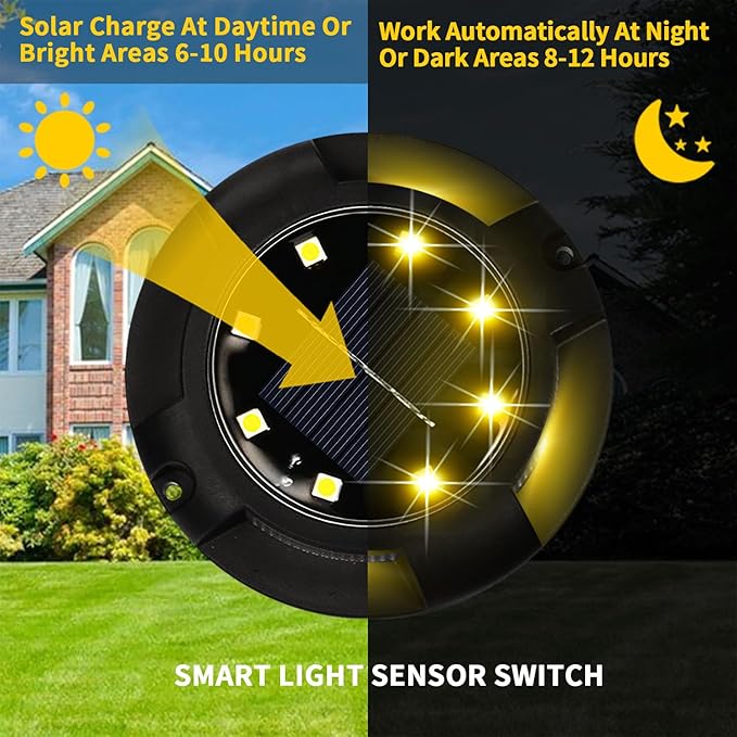 Solar Ground Lights Outdoor Waterproof 8 Pack 12 LEDs Solar Garden Disk Lights Landscape Lighting for Outside Pathway Deck Yard Patio Lawn Driveway Walkway Deco (Warm Lights)