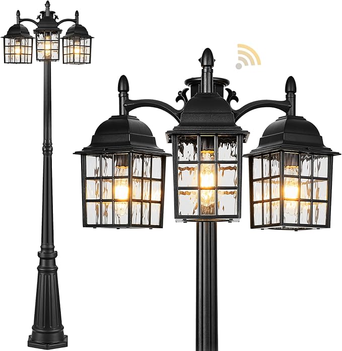 VIANIS Dusk to Dawn 3-Head Lamp Posts Outdoor Lighting Modern Black Outdoor Post Lights Hard Wired Anti-Rust Waterproof Outside Lamppost Light Fixture for Garden Backyard with Water Ripple Glass