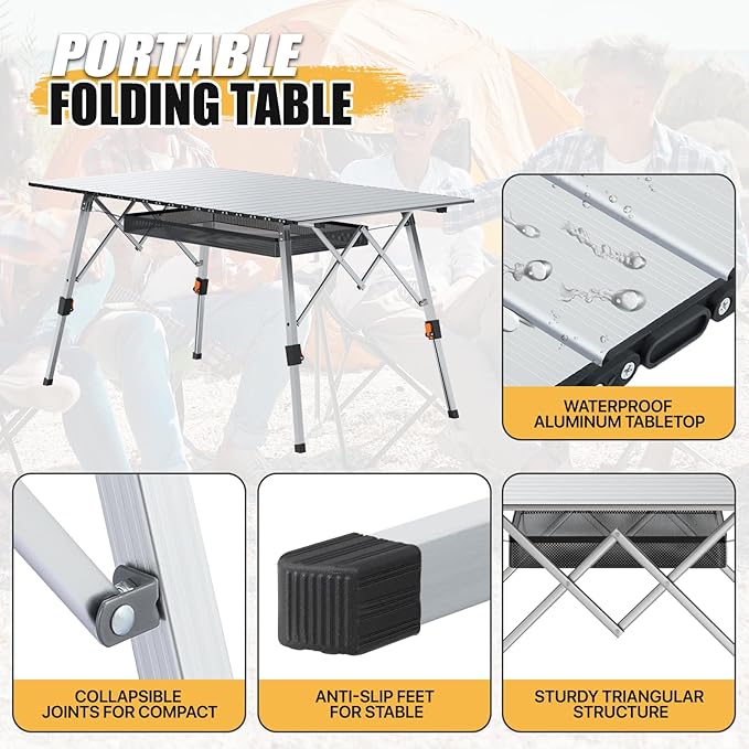 MADOG Folding Camping Table 47'' Portable Aluminum Roll Up Table with Carry Bag Camp Convenient for Picnics Camping Silver
