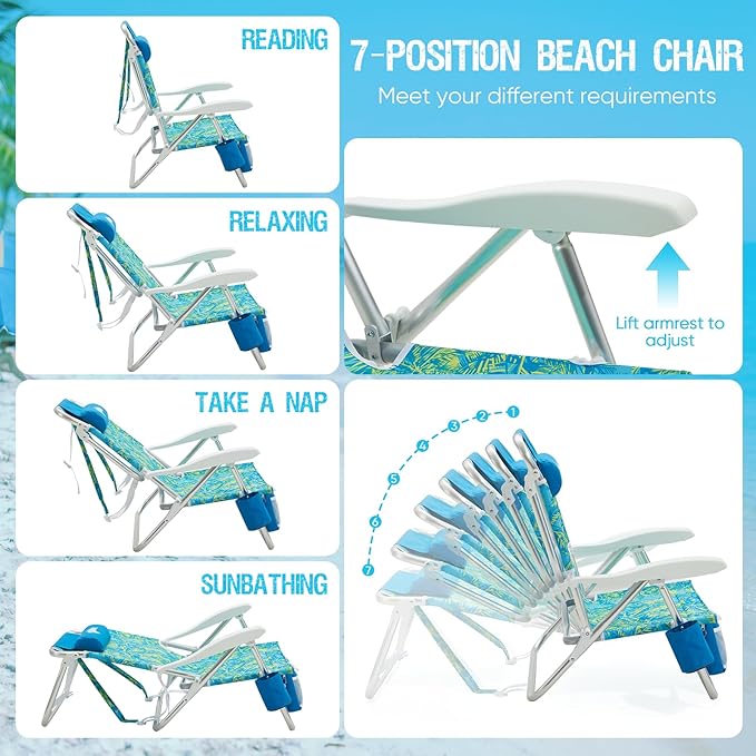 Old Bahama Bay Beach Chairs for Adults 7-Position Classic Lay Flat Beach Chair Reclining Beach Chair Portable Aluminum Backpack Beach Chair with Towel Bar &amp Cooler Bag