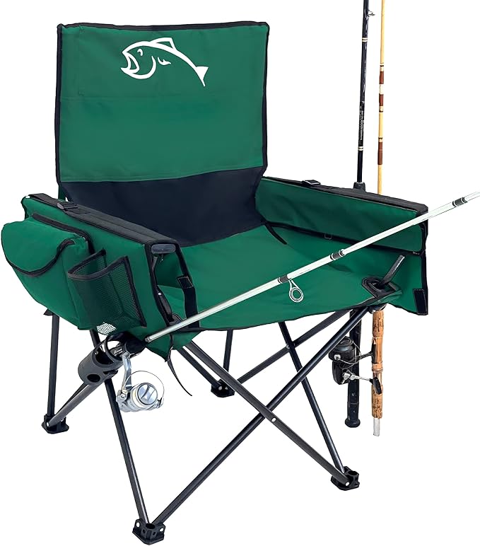 EASYGO PRODUCTS Fishing Chair with Rod Holder – Built in Cooler – Hands Free Fishing Pole Holder - Storage Pouch – Full Size Portable &amp Folding – Ruler for Measuring Fish Fishing Chair Green