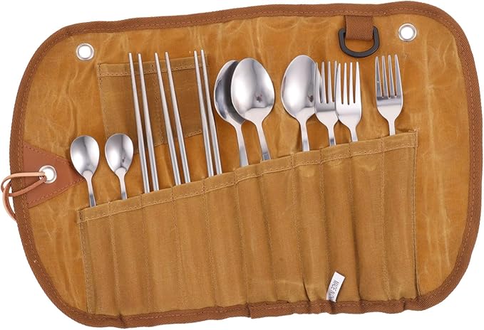 Portable Cutlery Set with Folding Tableware Pouch for Camping Picnics and Outdoor Activities Includes Elegant Dinnerware Bag Dishwasher Safe Utensils Easy Storage
