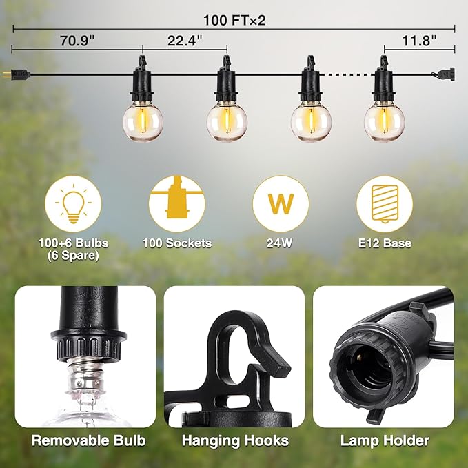 ZJOJO 200FT Outdoor String Lights G40 Globe Outdoor Lights with 100 Shatterproof LED Bulbs 2700K IP65 Waterproof Patio Light String Lights for Outside Backyard Porch Party