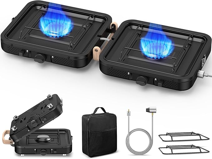 Propane Gas Stove 17500 BTU 2 Burner Folding Portable Camping Stove with Carrying Bag Built to Last Camp Stove for Camping Car Travel Yard Parties Outdoor Cooking Backpacking Grill Propane