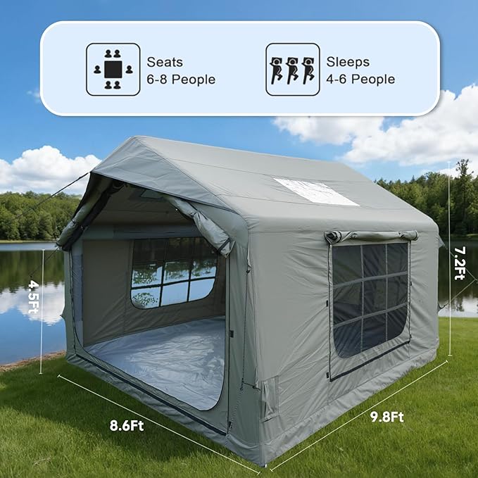 8㎡ Luxury Inflatable Camping Tent for 3-8 People UV-Resistant 4-Season Family Tent with Chimney Port &amp Skylight Oxford Fabric or Tech Cotton – White Tank Gray Aurora Green