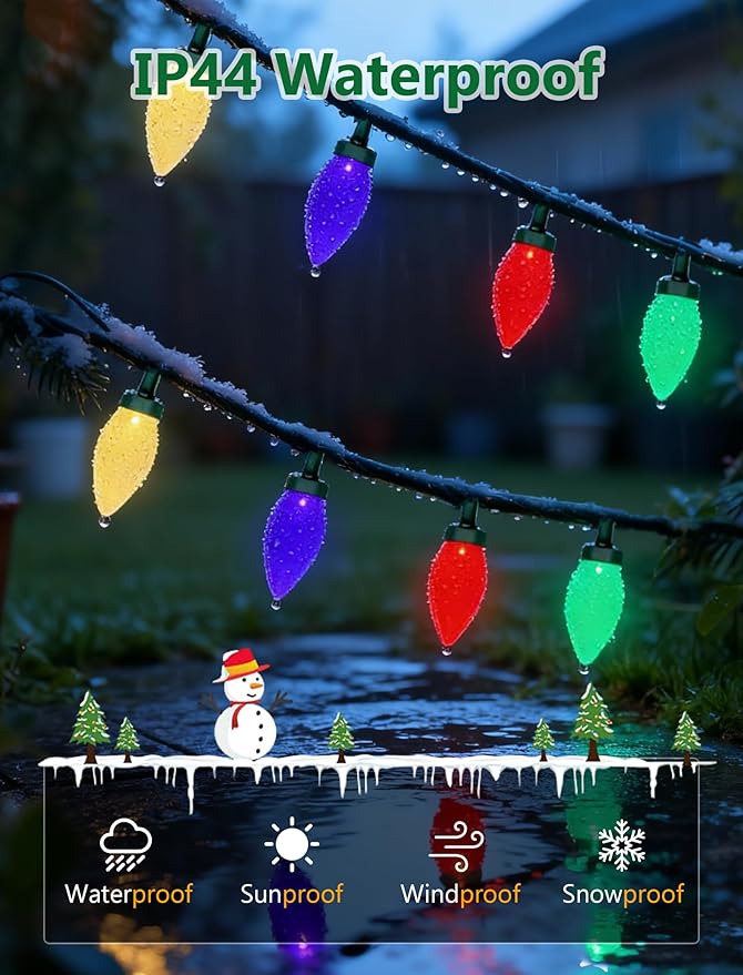 C9 Christmas String Lights Outdoor 26FT 50 LED Vintage Multicolor Fairy Lights Plug in UL Listed Waterproof Connectable Christmas Tree Lights for Home Roofline Garden Patio Decor Green Wire