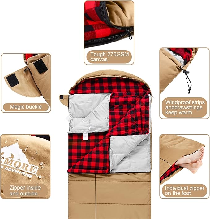 AGEMORE 0 Degree Canvas Sleeping Bag for Adults Cotton Flannel Sleeping Bag for Winter Camping Fishing Hunting or Traveling Durable Cotton Canvas Shell and Removable Flannel Liner