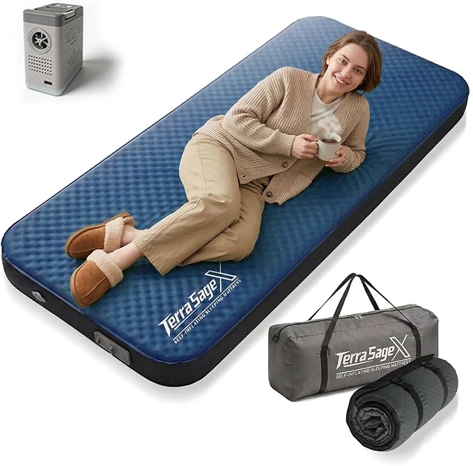 Self Inflating Sleeping Pad with Electric Pump  4 Ultra Thick memory foam camping mattress 9.5 R-Value Insulated Sleeping Mat Easy to Inflate &amp Deflate for Camping Car Travel Tent (SingleBlue)