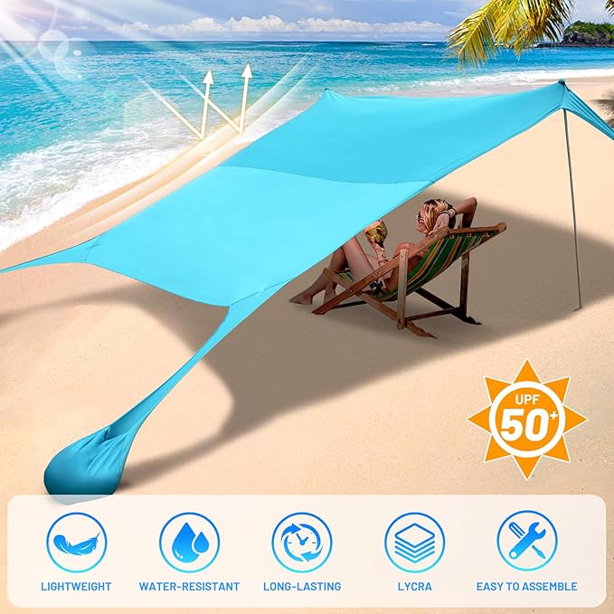BOTINDO Family Beach Tent Canopy Sun Shade Pop Up Grande Beach Tent Sun Shelter Stability 4 Poles with Portable Carry Bag Outdoor Shade for Fishing Backyard Camping (Turquoise 10x10FT 4Pole)