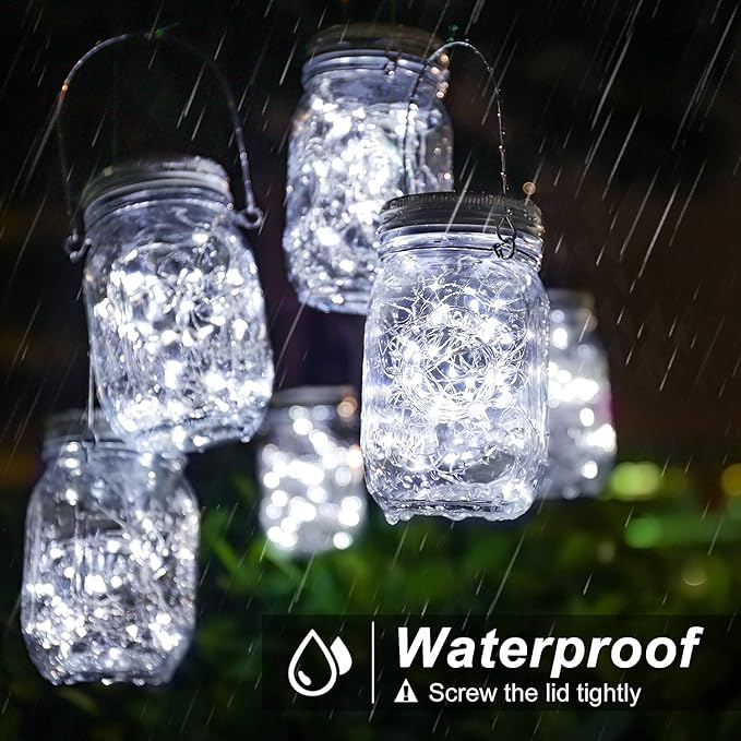 Mlambert Mason Jar Solar Lights 30 LEDs 6 Pack Hanging Solar Lanterns Outdoor Waterproof Fairy Lights Outdoor Lanterns for Patio Garden Cool White