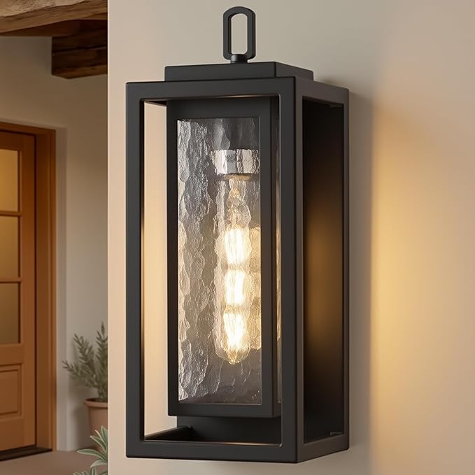 KIZON 15 Modern Outdoor Wall Lights with Seeded Glass Waterproof Black Outdoor Sconce Lights with LED Bulb Included Large Metal Exterior Lighting Fixtures for Porch Garage Entryway Patio