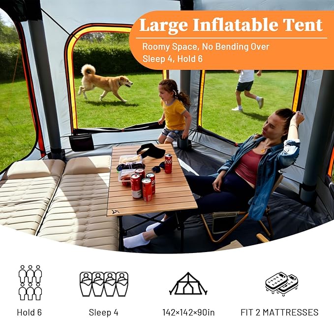 Inflatable Tents for Camping 2/4/6 Person Large Blow Up Tent with Electric Air PumpQuick Set up 12ftx12ftx8ft Big Inflatable Tent for 4 Season Outdoor Family Camping