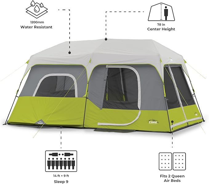 Core 9 Person Instant Cabin Tent - 14' x 9' Green (40008)