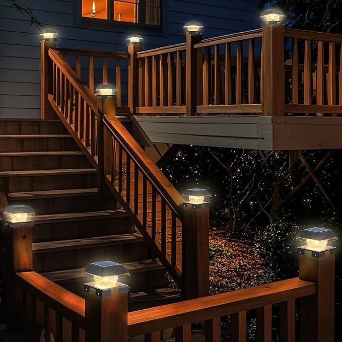 Solar Post Cap Lights Outdoor Deck Fence Post Lights wtih 120 Lumen Warm Light &amp Cool Light 3.5in-5.5in Adjustable Base Fit 4x4 5x5 Wood Post &amp 4x4 Vinyl/Metal Post for Patio Porch Backy