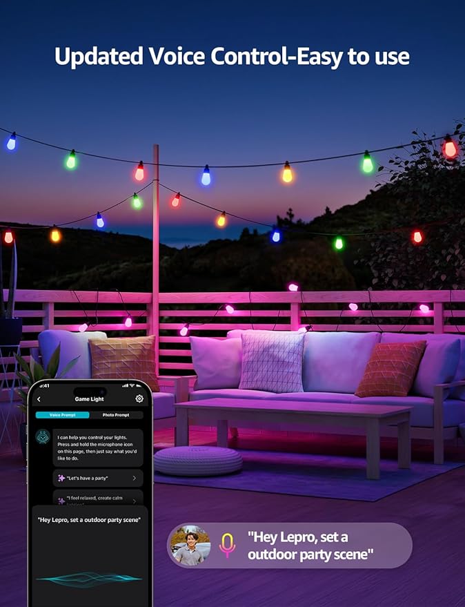 Lepro ZB1 AI Smart Outdoor String Lights APP Control 100(88+12) ft RGB+IC+Warm White Outdoor Light 30 LED Bulbs NOT Extendable Alexa Google Enabled Music Sync NO Remote 2.4 GHz WiFi+Bluetooth
