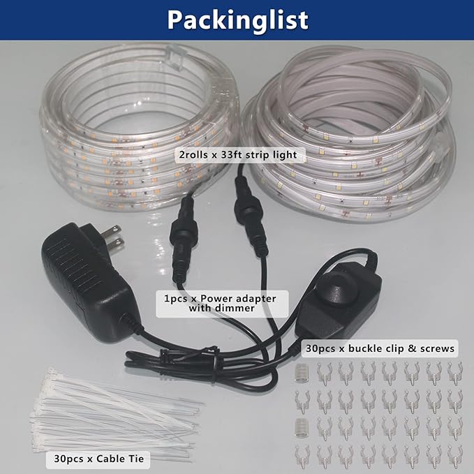 33FT 2-Pack 12V LED Rope Lights Outdoor - 1200 LEDs Warm White Dimmable Thick Flat Rope Lighting Waterproof for StreetCeilingBackyardsCommercial Use Indoor Outdoor Tape Lights