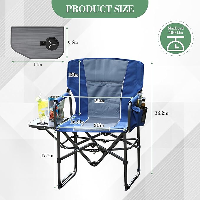Oversized Camping Directors Chair Portable Folding Lawn Chairs for Adults Heavy Duty with Side Table Outdoor Foldable Camp Chair with Pocket for Beach FishingPicnic (2 Blue/Grey Oversized)