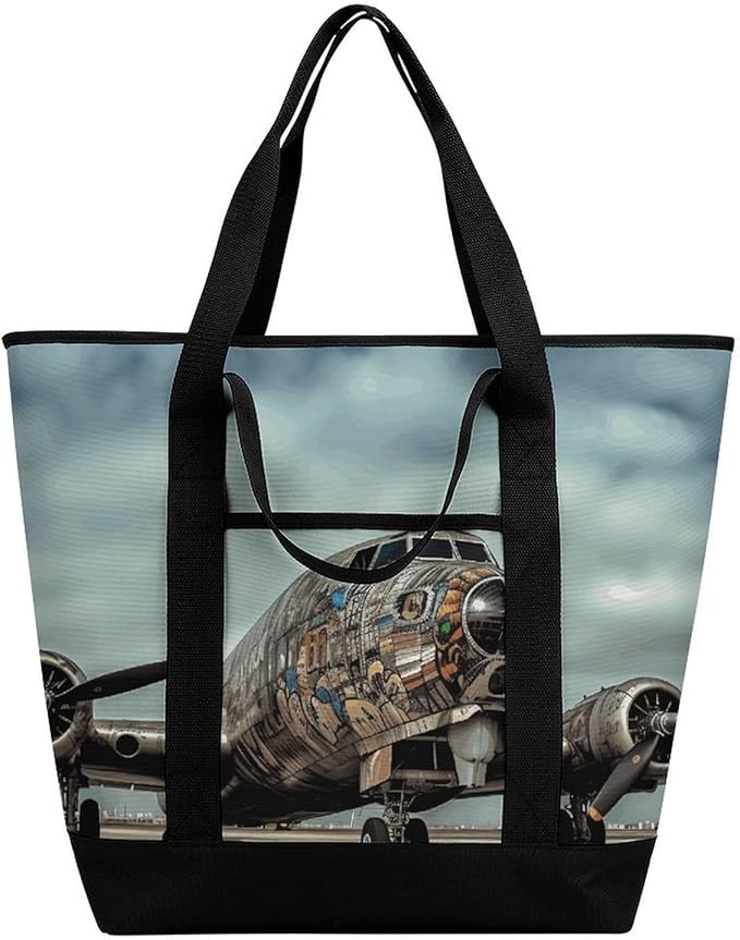 Insulated Shopping BagLarge Reusable Cooler Bags Airplane Art Printed Foldable Shopping BagTravel Waterproof Shoulder Bag