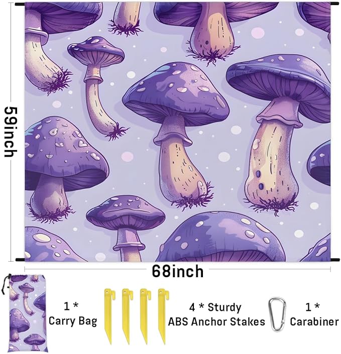 Waterproof Sandproof Beach Blanket 59''×68'' Mushrooms Polyester Outdoor Picnic Blanket with 4 Stakes &amp Storage Bag for BeachCampingVacation Purple