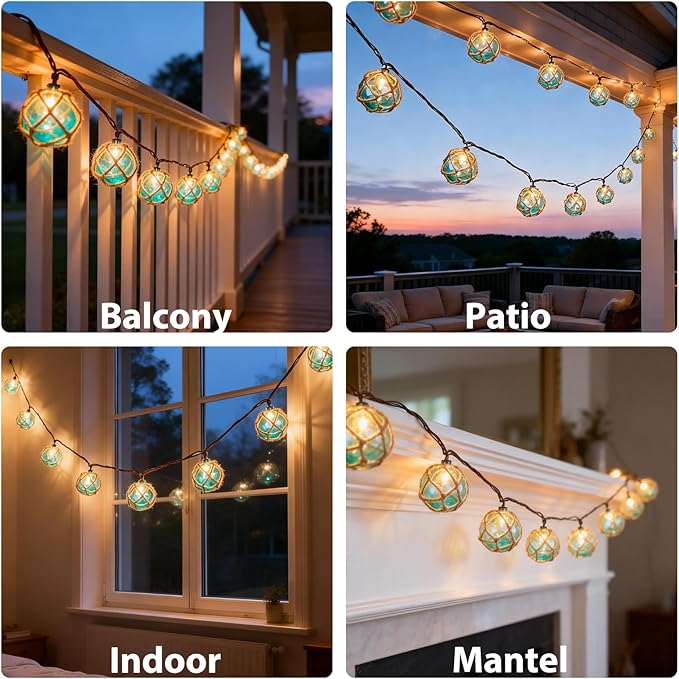 Decorative String Lights Plug in with 10 Incandescent Bulbs Nautical Fishing Float String Lights Connectable Weatherproof for Indoor Home Tiki Bar Decor and Outdoor Patio Decorations (Aqua Blue)